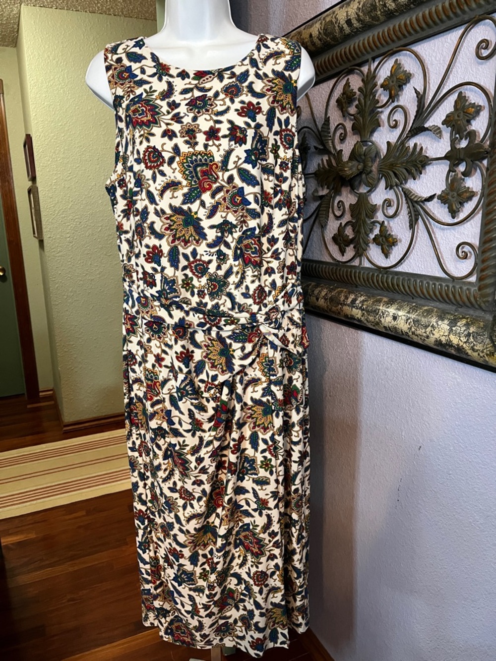 LAUREN Ralph Lauren Cream Twisted Waist Dress with multicolored print Sz 14